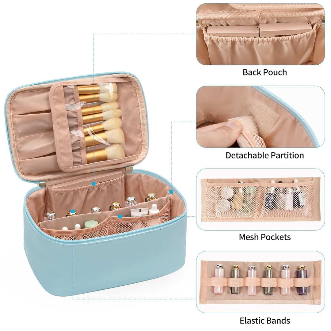 Compacte cosmetica tas met slimme verdelers, houdt make-up geordend onderweg.