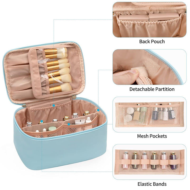 Compacte cosmetica tas met slimme verdelers, houdt make-up geordend onderweg.