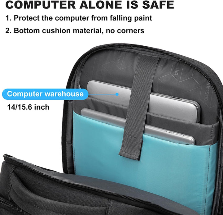 Detail van de waterafstotende stof en robuuste ritsen op de georganiseerde laptoprugzak voor dagelijks gebruik.