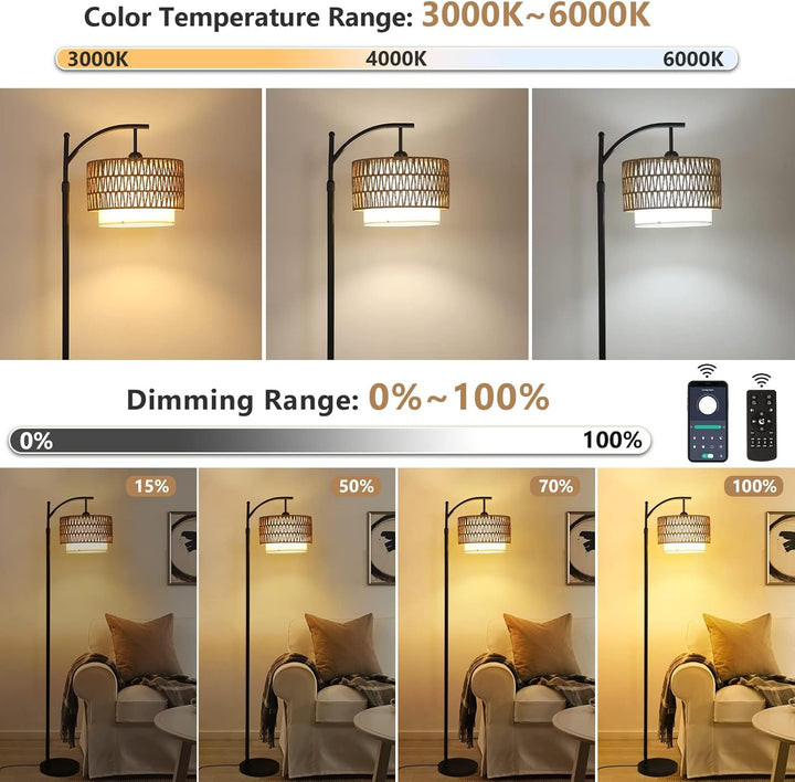 Verstelbare booglamp met verwisselbare kappen, perfect voor moderne of boho interieurs. Slimme LED verlichting.