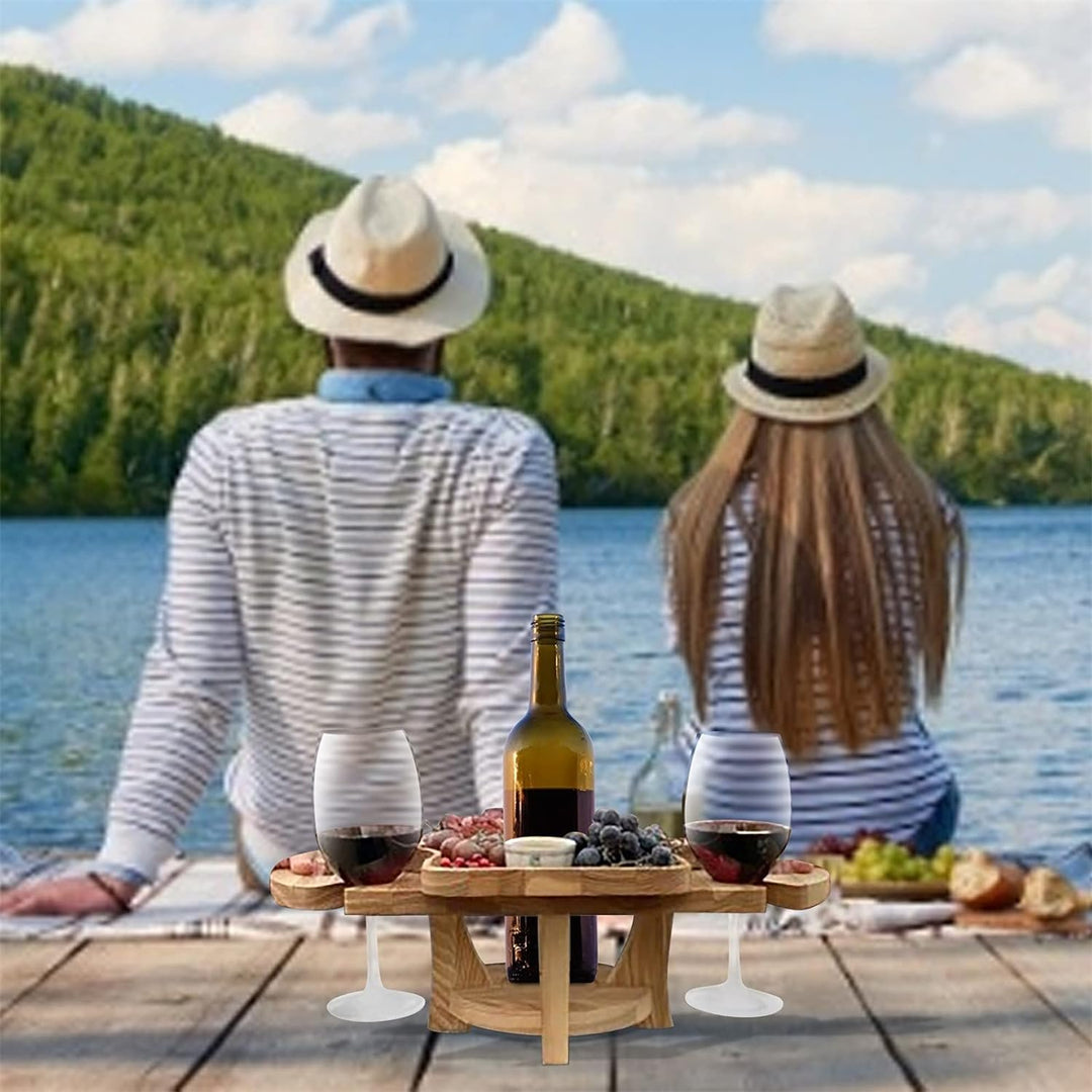 Praktisch houten fruittafelrek, draagbaar en compact, ideaal als picknickrek voor buiten.