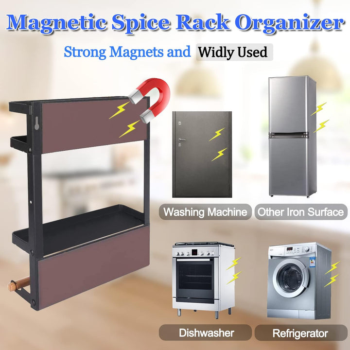 Ruimtebesparend magnetisch kruidenrek met keukenpapierhouder. Wit koelkastrek van Oryden, eenvoudig te bevestigen zonder boren.