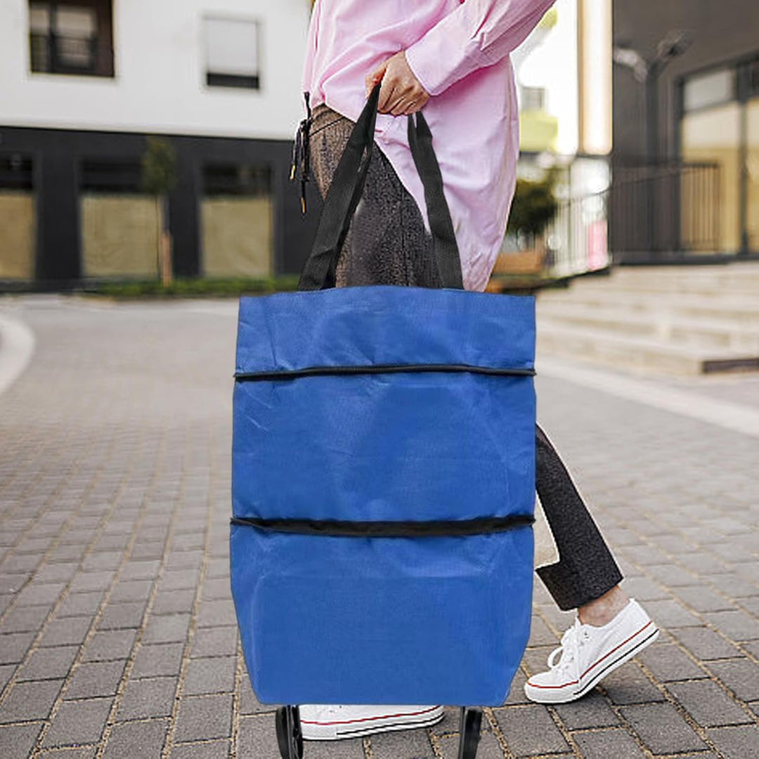Grote capaciteit opvouwbare tote tas met wielen, ideaal voor dagelijkse boodschappen.