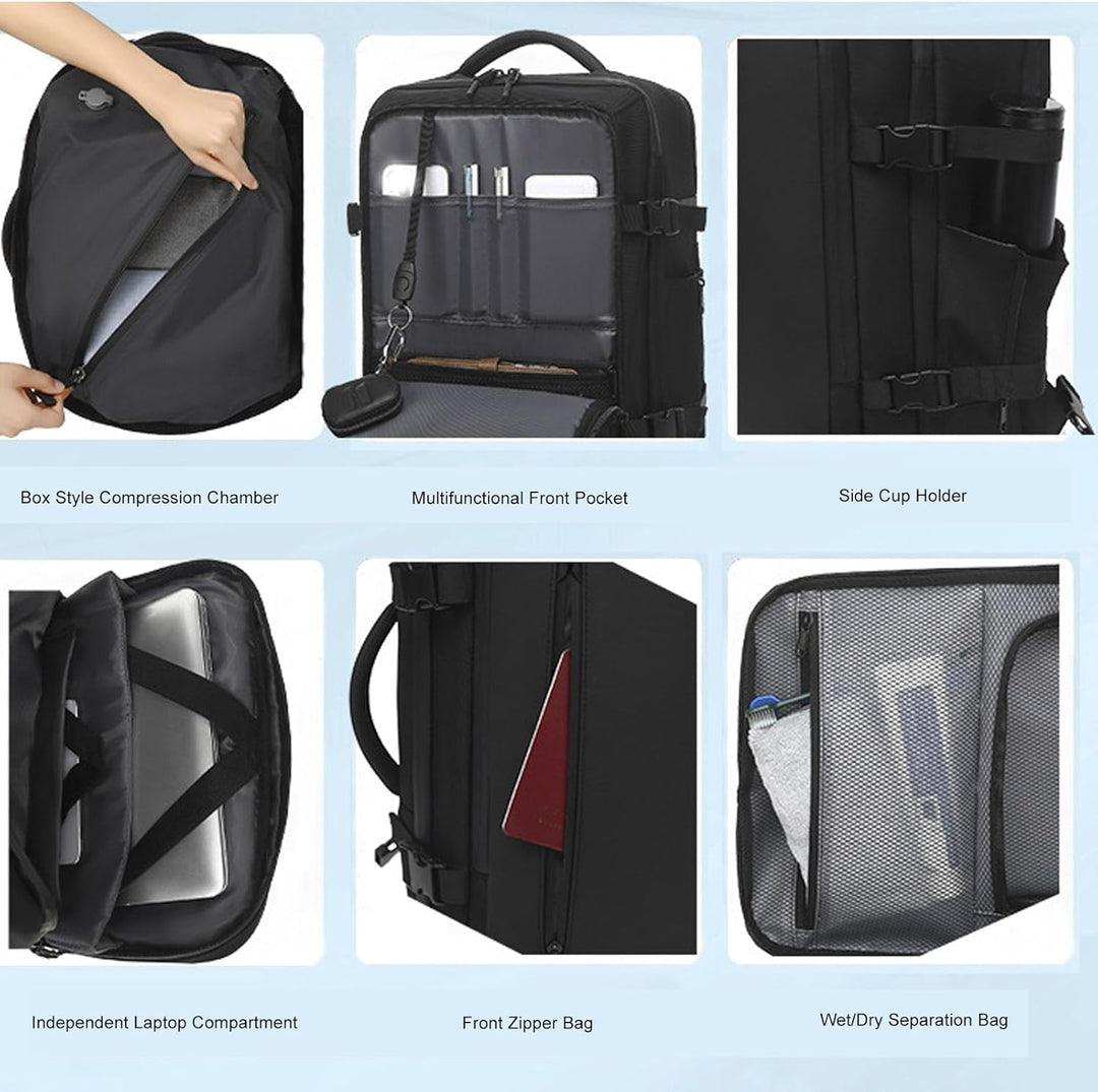 Compacte reisrugzak (56L) naast uitgeschoven versie (75L); veelzijdig voor korte trips of lange reizen.