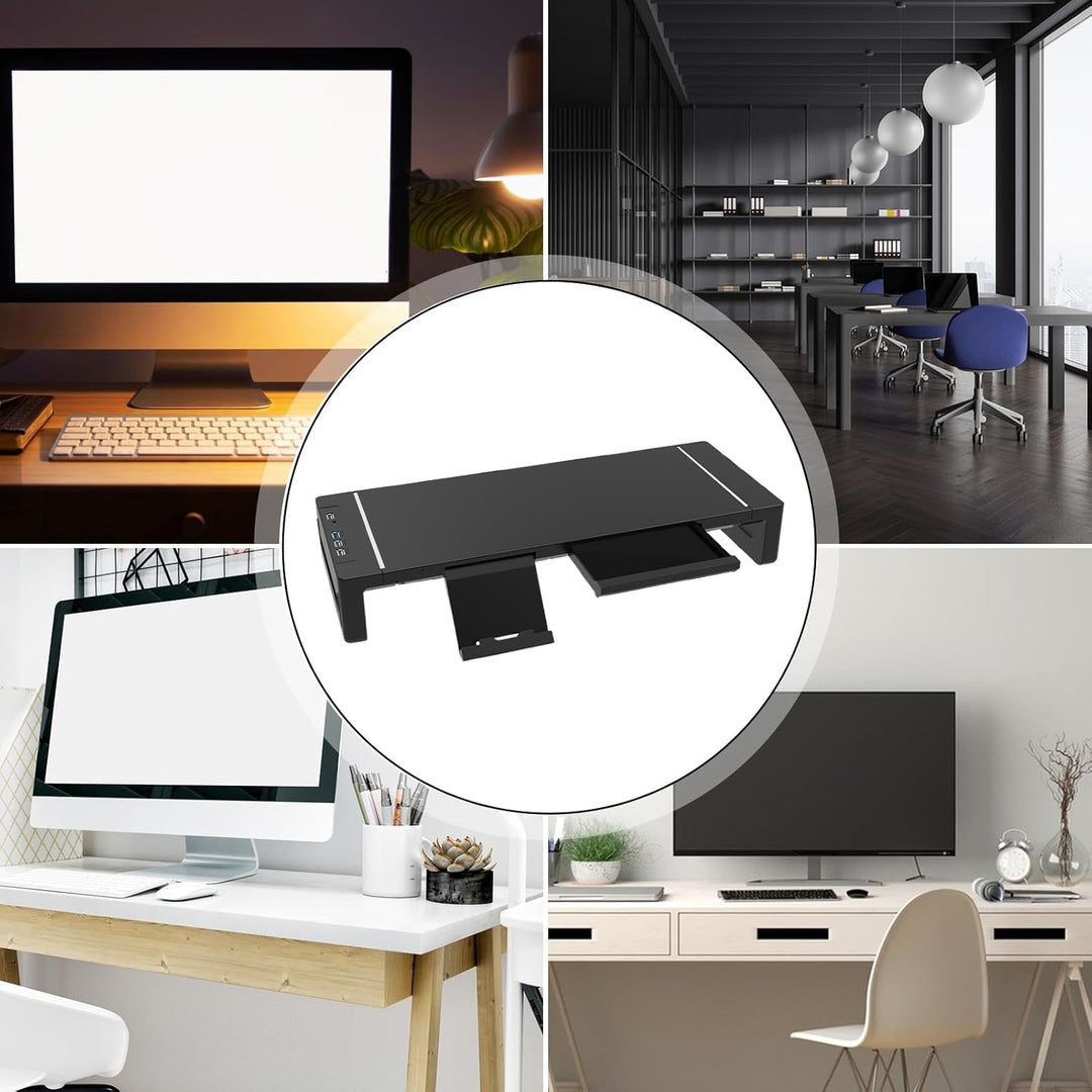 Bureau organizer: monitorstandaard met lade, USB poorten voor efficiënt thuiswerken en een opgeruimd bureau.
