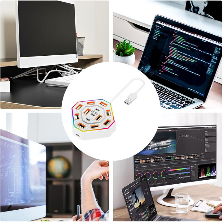 Lumora USB-C hub met dynamische RGB-verlichting, 13 poorten, transformeert je werkplek. Zwart.