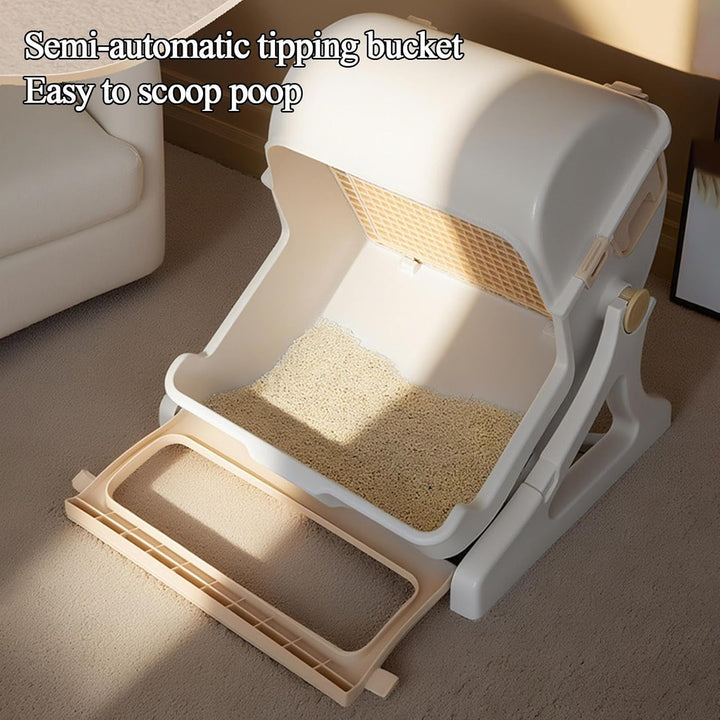Een kat die comfortabel de ruime automatische open-top kattenbak gebruikt, toont eenvoudige toegang.