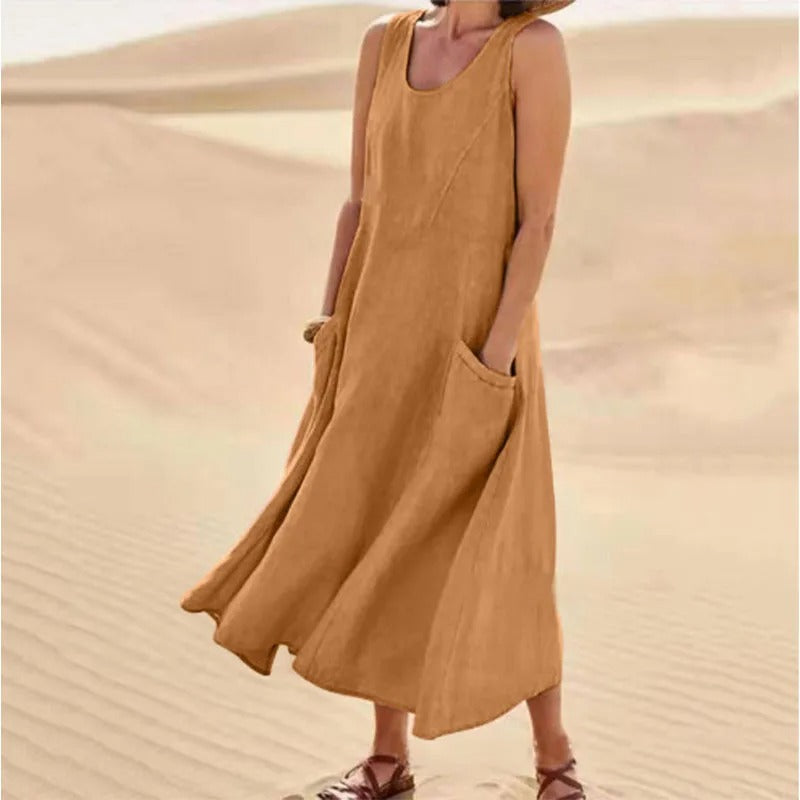 Zomerse mouwloze linnen dames midi jurk, comfortabel en luchtig, perfect voor warme temperaturen.