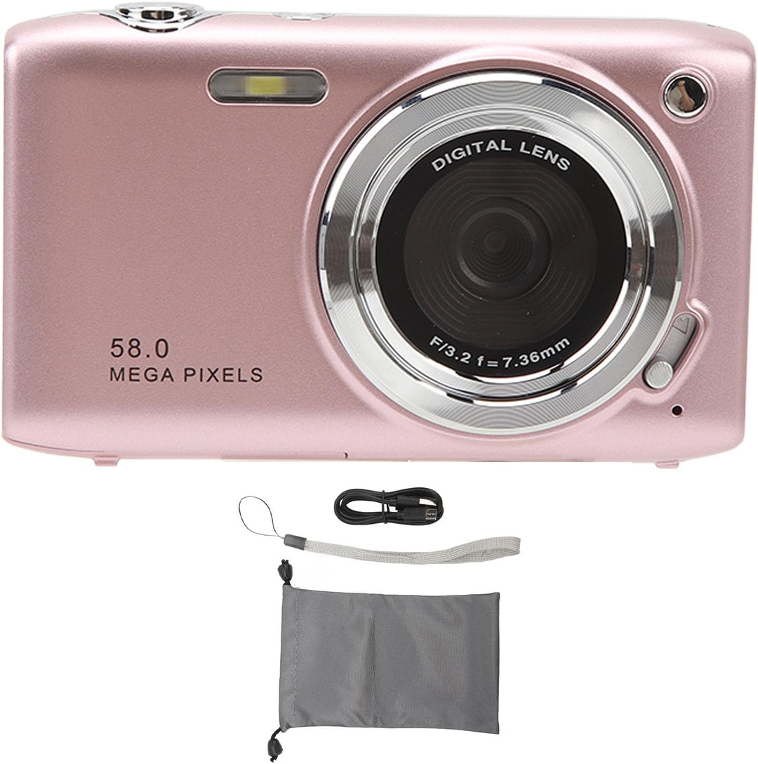 Digitale Lumora camera in de hand, benadrukt compactheid, 4K, 58MP, 16x zoom.