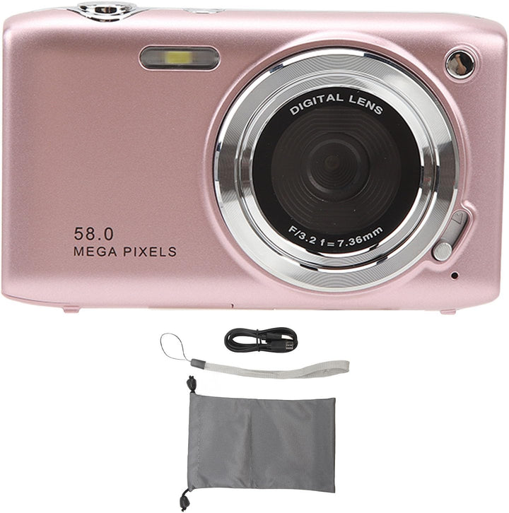 Digitale Lumora camera in de hand, benadrukt compactheid, 4K, 58MP, 16x zoom.