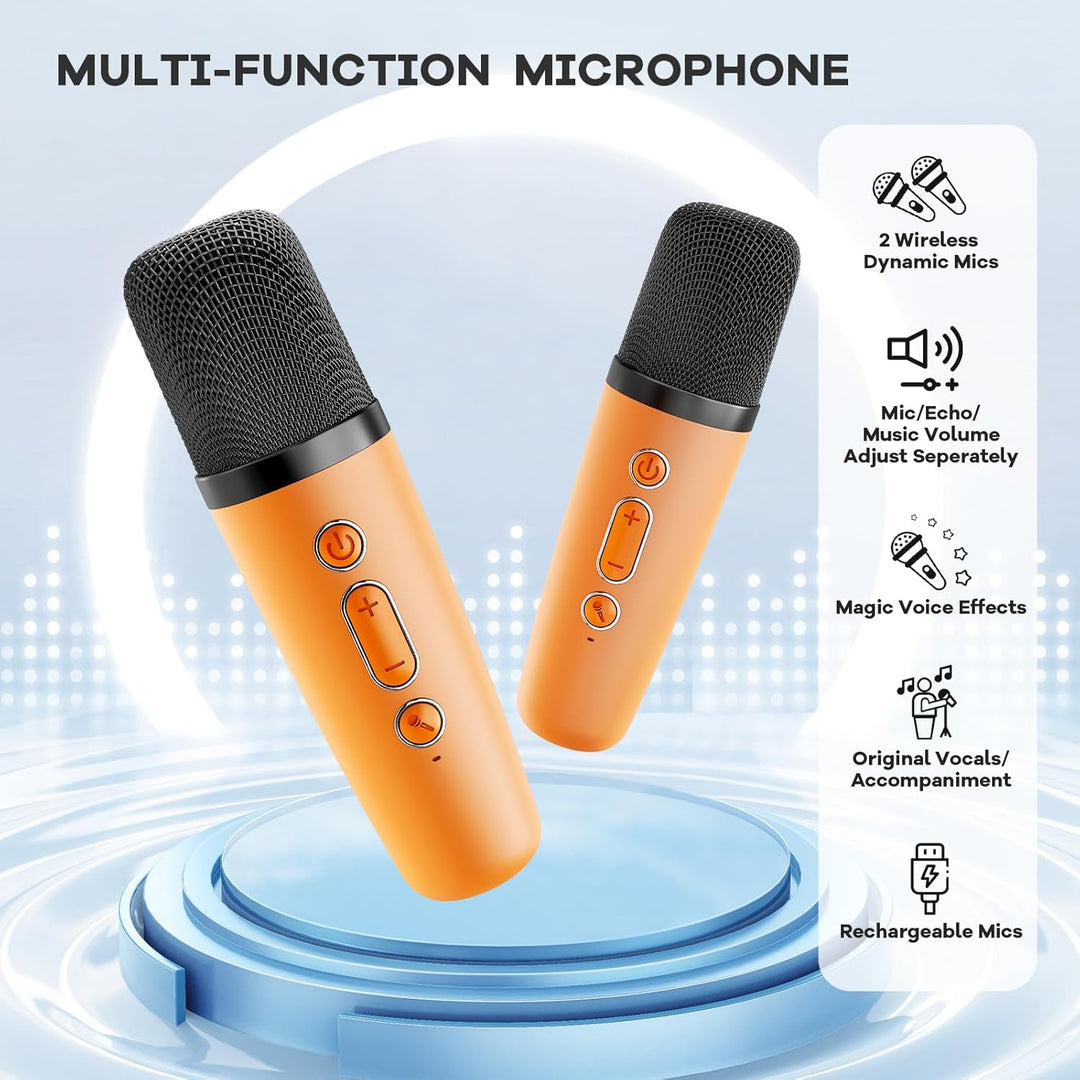 Compleet draadloos karaoke systeem: Veylo mini machine met Bluetooth speaker en twee microfoons.