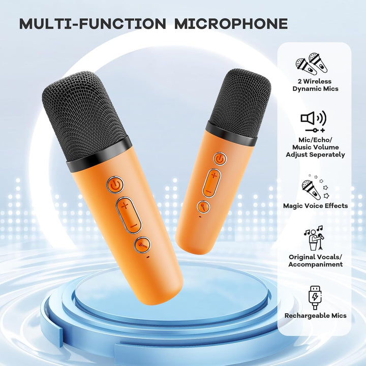 Compleet draadloos karaoke systeem: Veylo mini machine met Bluetooth speaker en twee microfoons.