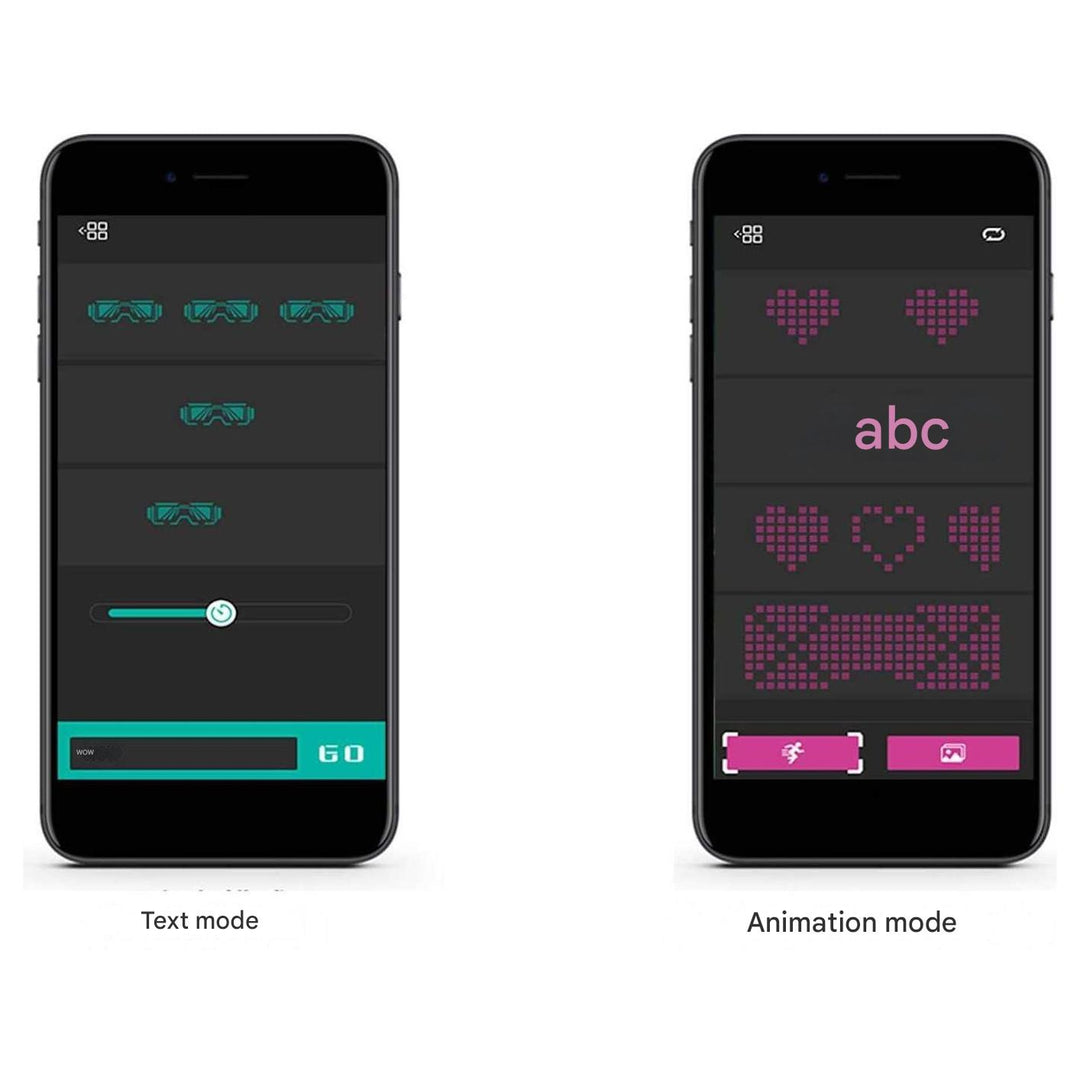 Iemand draagt de app-programmeerbare LED feestbril, creëert een glow-effect op een donker feest.
