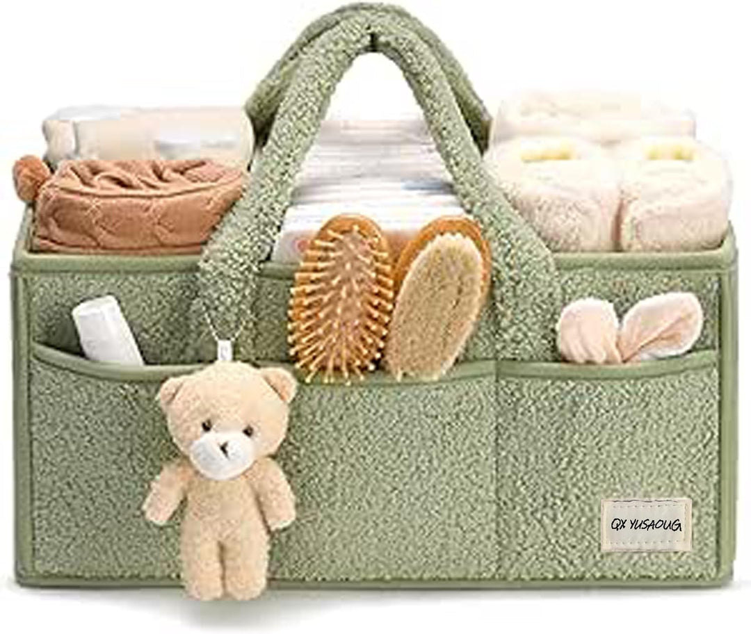 Witte sherpa caddy, zachte opbergmand met compartimenten, ideaal kraamcadeau.