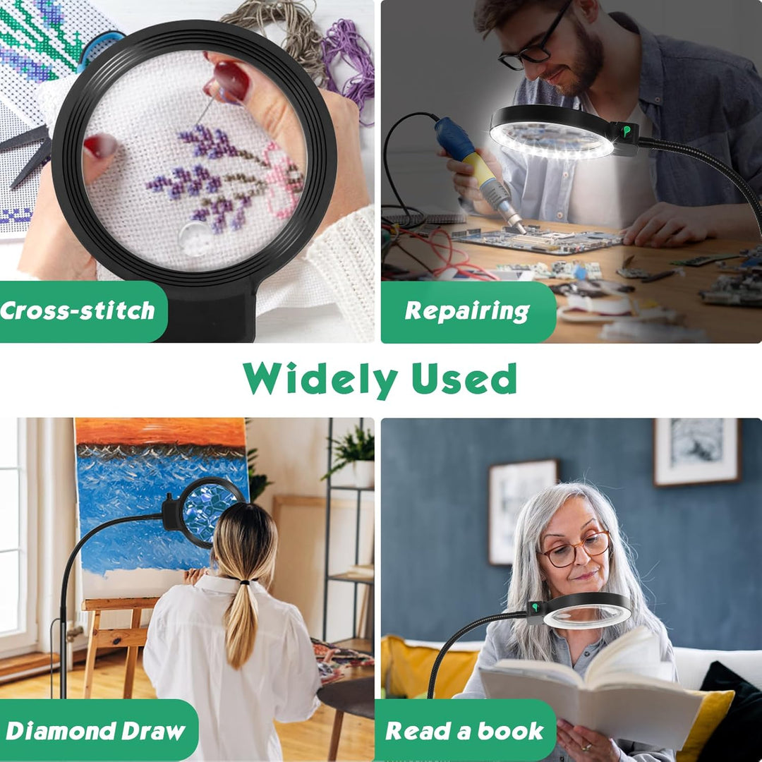Vergrootlamp met helder LED licht en flexibele ganshals, perfect als werklicht voor handwerk en boeken lezen.