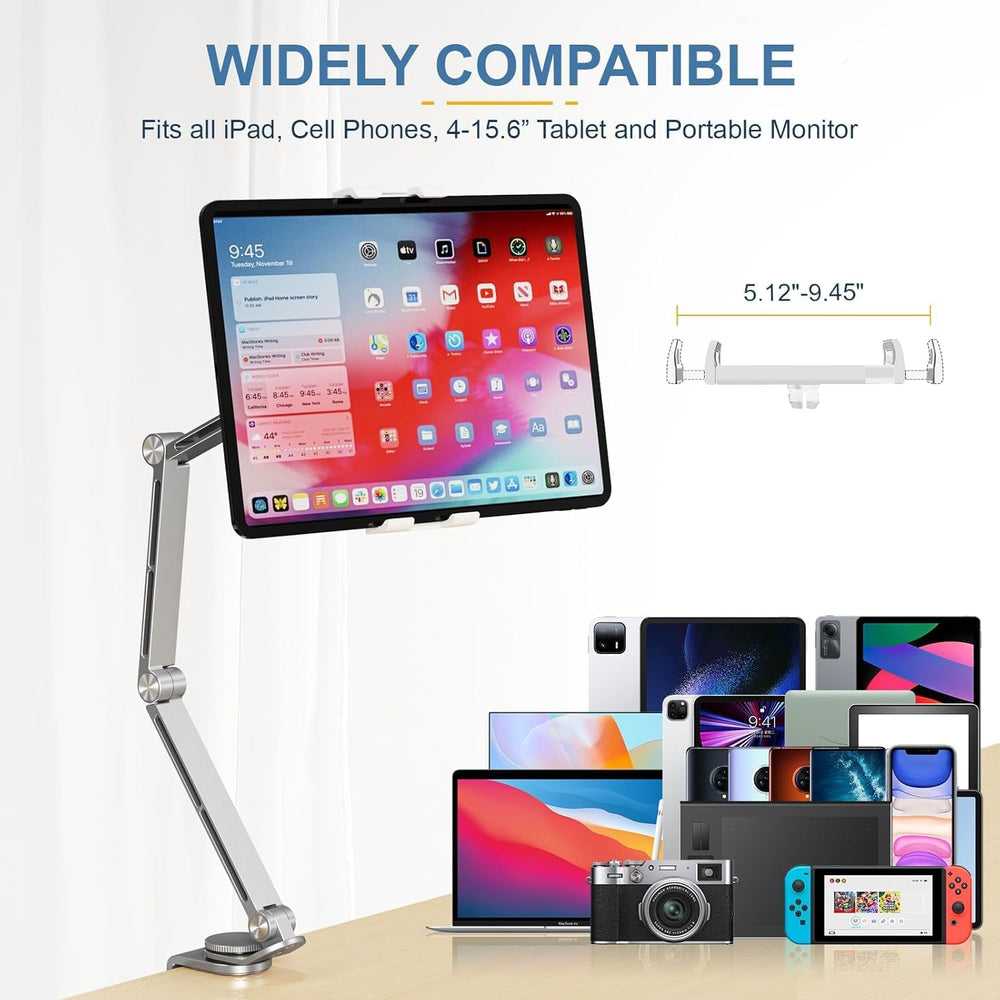 Verstelbare aluminium bureauhouder voor tablet, met flexibele arm voor optimale kijkhoek.