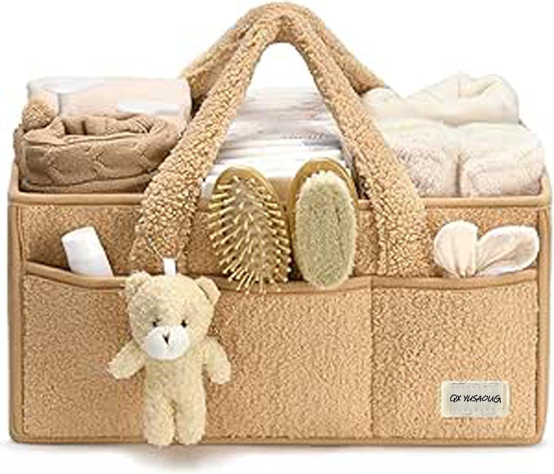 Witte sherpa luiertas caddy, zachte opbergmand met vakken voor babybenodigdheden.