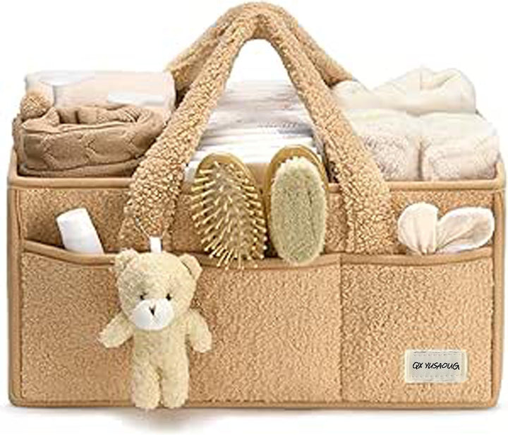 Witte sherpa luiertas caddy, zachte opbergmand met vakken voor babybenodigdheden.