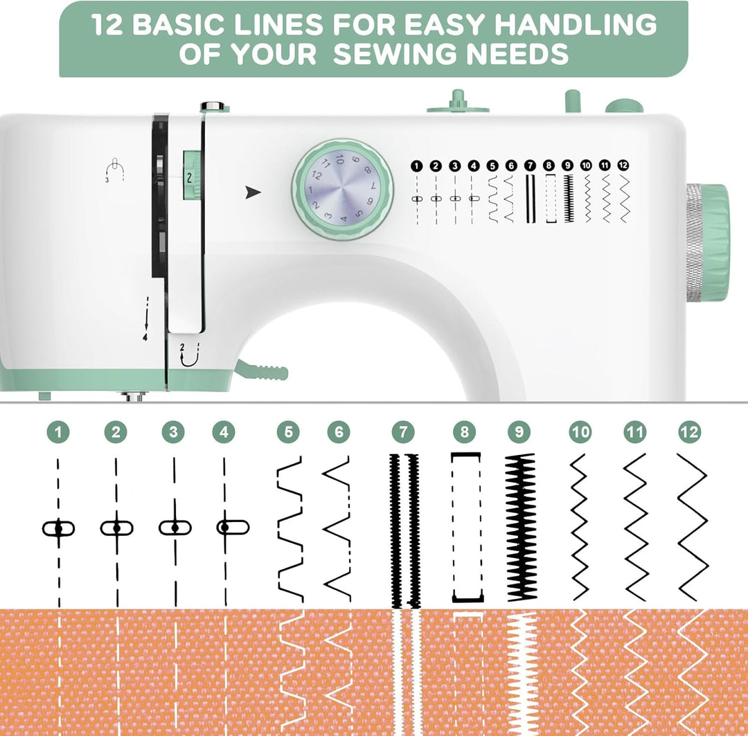 Close-up van de StitchPro naaimachine met selector voor 12 unieke steken, geschikt voor diverse stoffen.