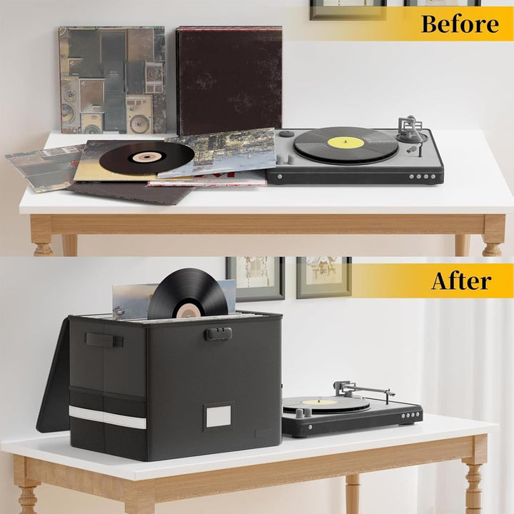 Stevige platenkoffer, brandwerend en waterdicht. Beschermt 150+ 12-inch platen; ideale collectiebescherming.