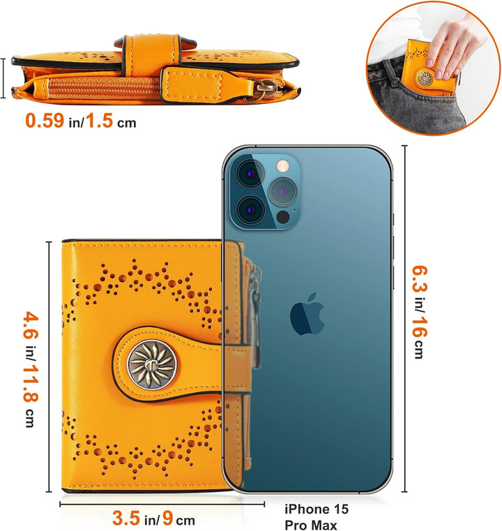 Compacte RFID dames portemonnee, bifold stijl, met ritsvak en slank profiel.