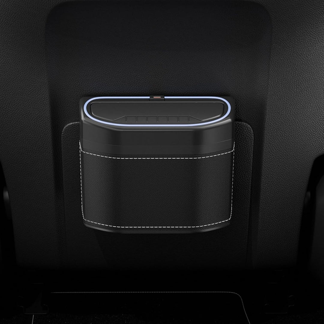 Lurevo compacte auto prullenbak, geurdicht met touch LED licht, gemaakt van microvezelleer, oplaadbaar.