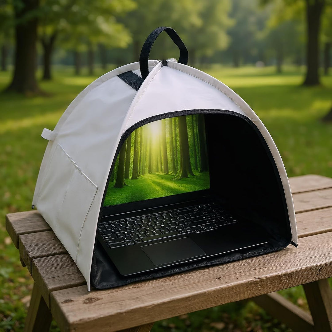 Efficiënt buiten werken met dit laptop zonnescherm (13-16 inch), inclusief privacy tent en antireflectie.