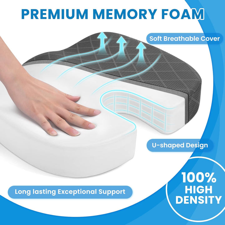 Duurzaam memory foam zitkussen voor dagelijks gebruik. Comfortabel in autostoel & bureaustoel.