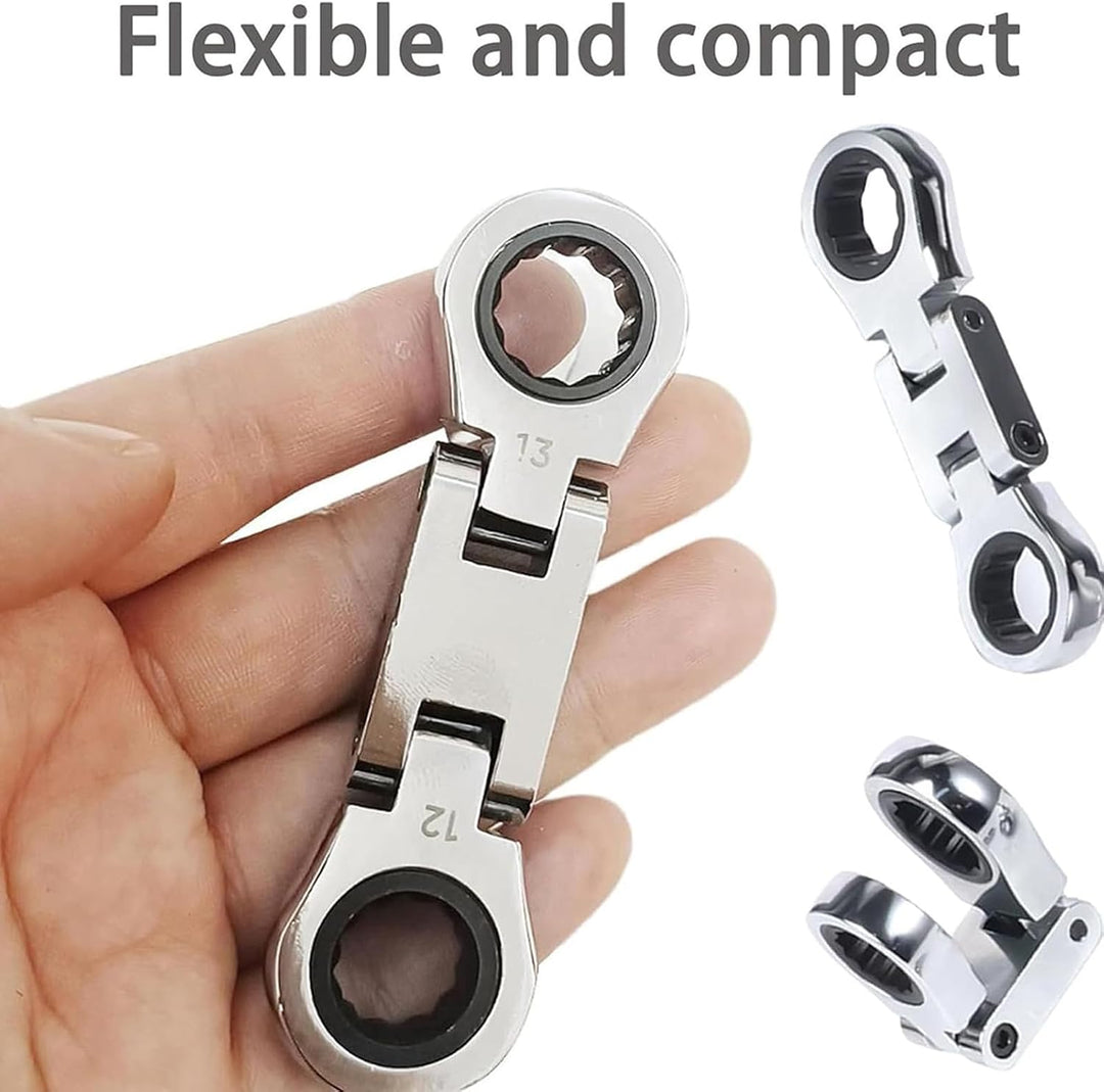 Compacte ratelmoersleutel set met flexibele kop, perfect gereedschap voor moeilijk bereikbare plekken bij reparaties.