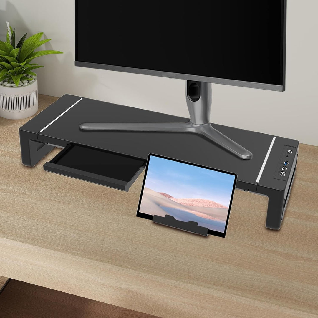 Universele ergonomische monitorstandaard met lade, vermindert nek- en rugklachten bij de desktop.