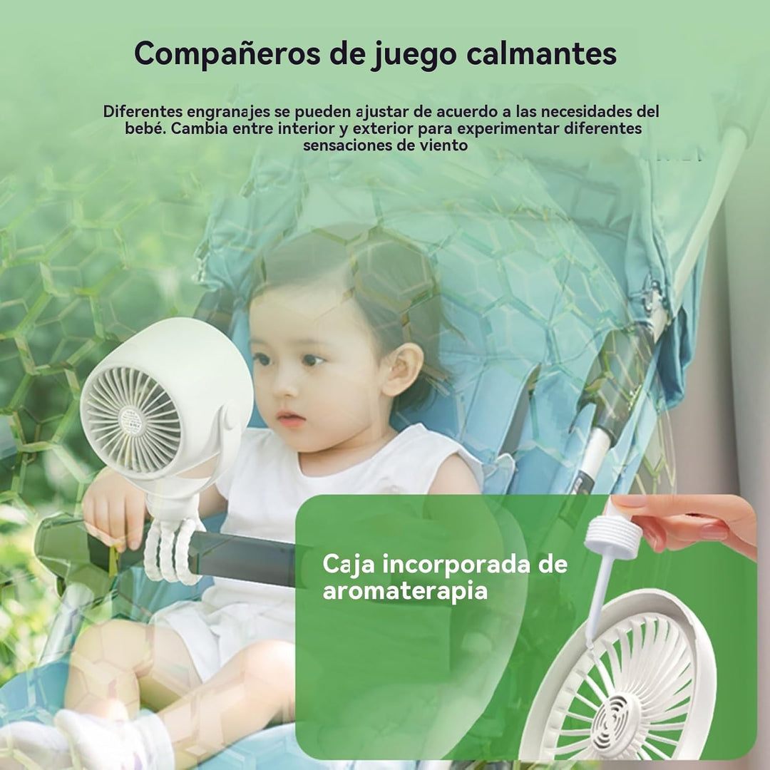 Veelzijdige babyventilator met klem, nachtlampje en 100 snelheden, oplaadbaar en draagbaar.