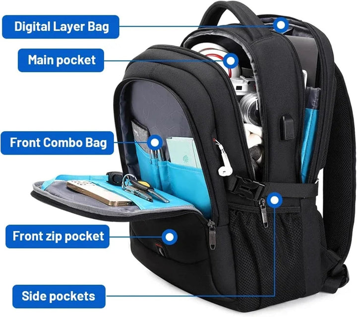 Open waterafstotende laptoprugzak met georganiseerde vakken, perfect voor 15.6 inch laptop en accessoires.