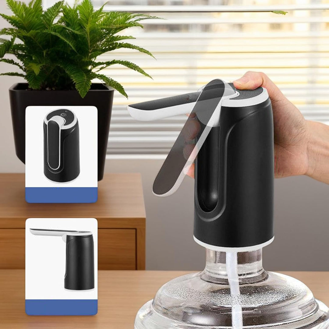 Draagbare USB oplaadbare waterdispenser van Hydravo naast een waterfles, klaar voor gebruik.