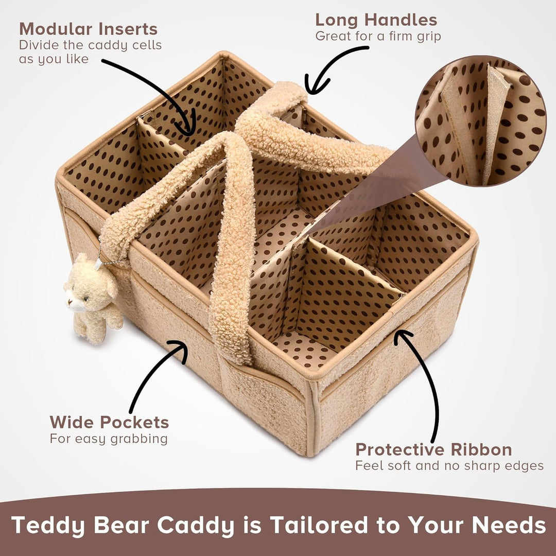 Witte sherpa organizer voor kinderkamer, compacte opbergmand voor babyspullen.