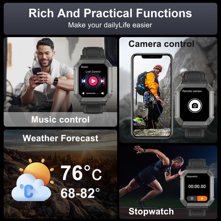 Wayne militaire smartwatch: fitness tracker, hartslagmeter, bluetooth bellen en waterdicht voor heren.