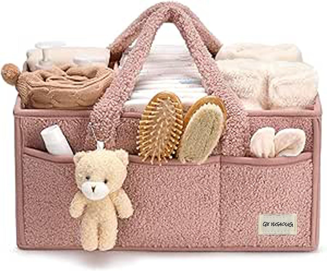 Pluche sherpa opbergmand voor babybenodigdheden, met handige verdeelvakken.