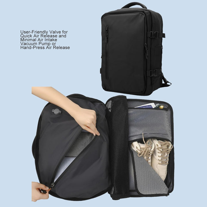 Dravion vacuüm reisrugzak (56-75L) met pomp, essentieel voor georganiseerd reizen en bagagecompressie.