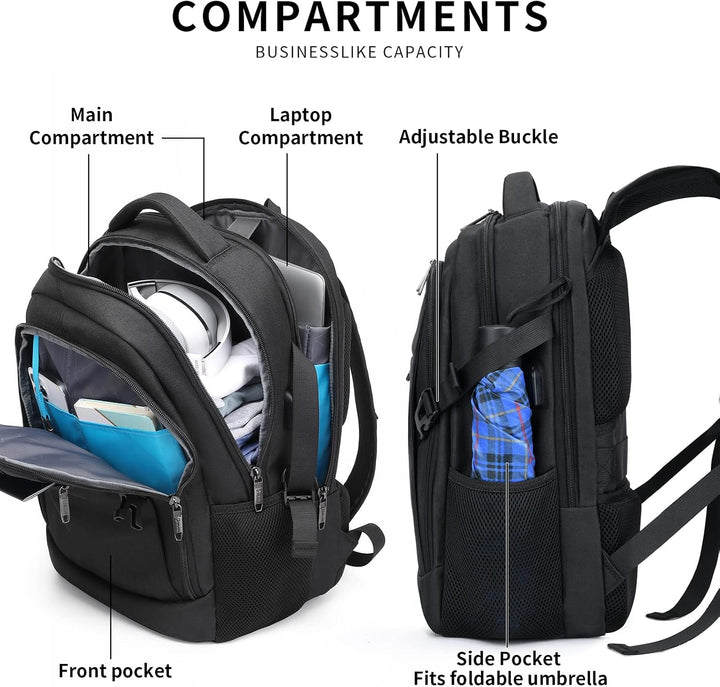 Duurzame unisex rugzak, waterbestendig, met USB-poort en anti-diefstal functie.