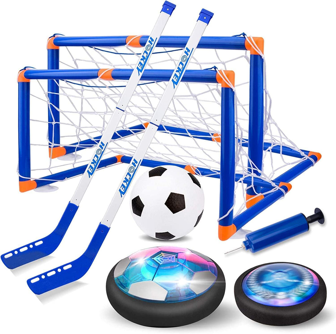 3-in-1 Hover Sport Set voor kinderen met LED zweefbal, hockey sticks en voetbal doelen voor binnen- & buitenspeelplezier.