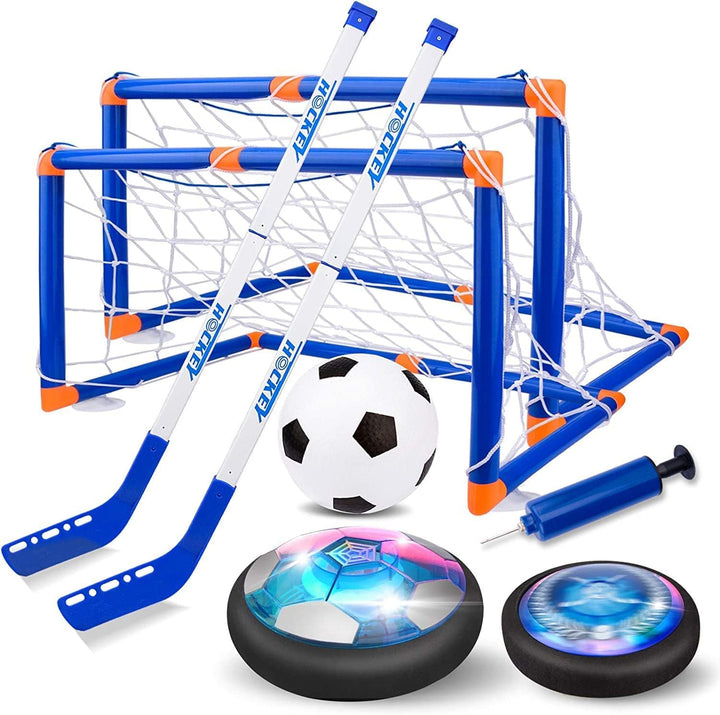 3-in-1 Hover Sport Set voor kinderen met LED zweefbal, hockey sticks en voetbal doelen voor binnen- & buitenspeelplezier.