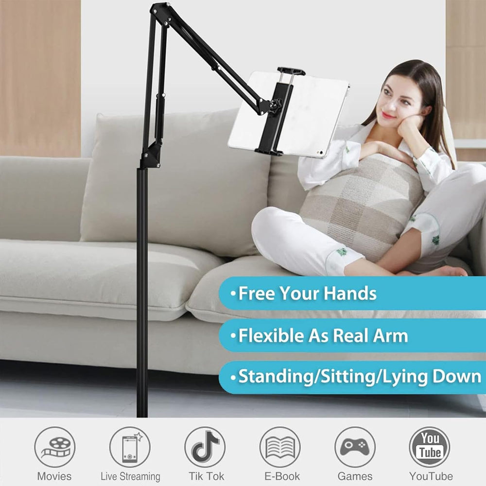 Close-up van de universele klem van de Movira telefoon- en tabletstandaard, 360° draaibaar voor handsfree gebruik.