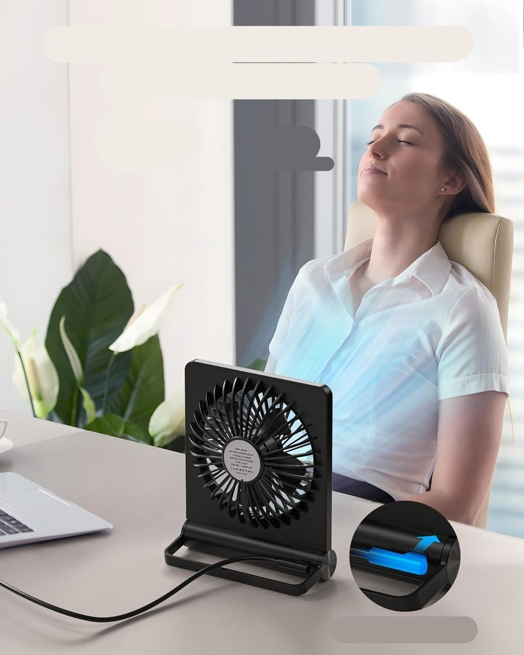 Draagbare moderne tafelventilator, compact en fluisterstil, voor verkoeling op elk bureau of nachtkastje.