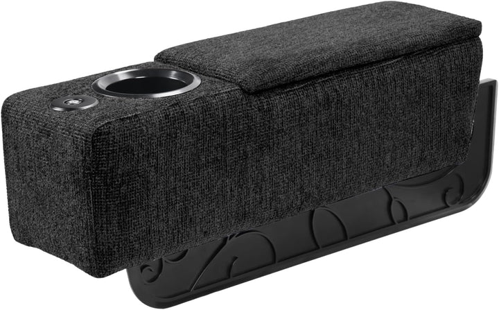Multifunctionele bankarmsteun met draadloos opladen en bekerhouder. Modern woonaccessoire voor ultiem gemak thuis.
