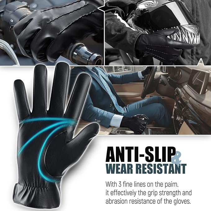 Paar zwarte Daniel heren leren winterhandschoenen, elegant gepresenteerd; essentieel winter accessoire.