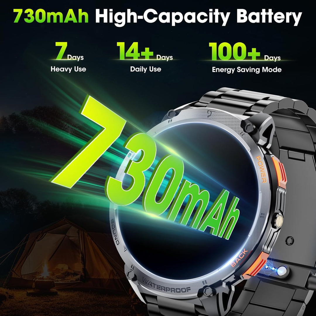 Militaire heren smartwatch met ingebouwde zaklamp, waterdicht voor avontuurlijke buitensport.