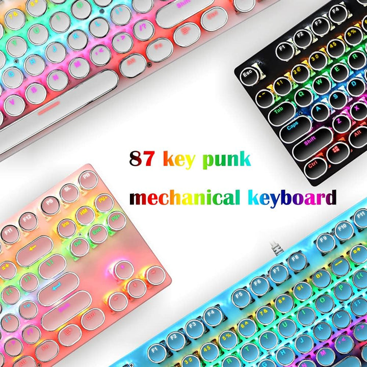 Gaming toetsenbord, mechanisch, 87 toetsen, RGB-backlit, blauwe switches voor optimale gameplay.