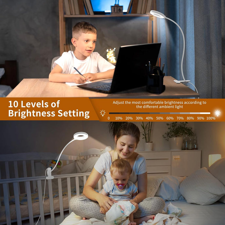 Witte oogvriendelijke LED studielamp met klem. Flexibele zwanenhals en 3 lichtstanden.
