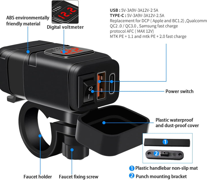 Zwarte motorfiets oplader met ingebouwde voltmeter en snelle USB-C poort voor efficiënt opladen.