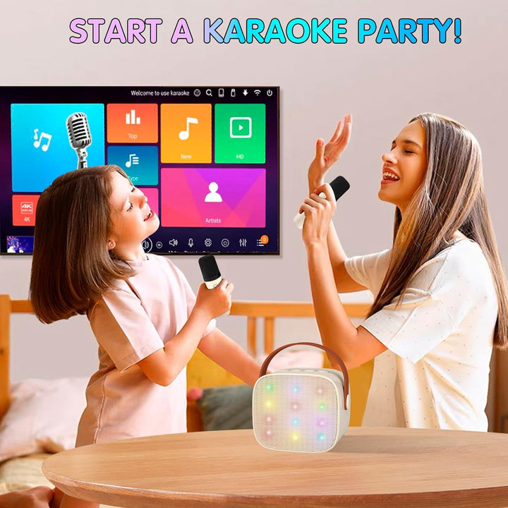 Draadloze zangervaring met de Veylo mini karaoke set; speaker en dubbele microfoons.