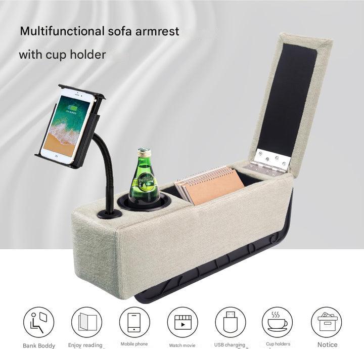 Modulux slimme bankarmsteun: jouw ultieme sofa organizer met draadloos opladen, bekerhouder en opbergvak.